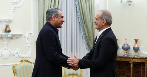 Iranian President Masoud Pezeshkian (R) greets Pakistan's Interior Minister Syed Mohsin Raza Naqvi during their meeting in Tehran, Iran, Aug. 11, 2026. (AFP Photo)