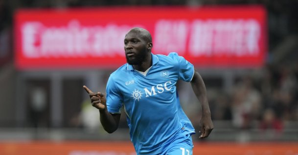 Napoli's Romelu Lukaku celebrates after scoring his side's opening goal during the Serie A soccer match between AC Milan and Napoli at the San Siro Stadium, Milan, Italy, Oct. 29, 2024. (AP Photo)
