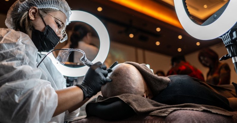A scalp tattoo artist demonstrates a technique during a tattoo and permanent makeup contest, Naha, Okinawa, Japan, July 8, 2026. (AFP Photo)