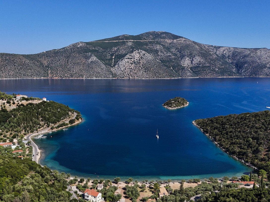 An aerial view of Dexa Beach on the island of Ithaca, where legend holds that Odysseus landed upon finally returning home, Greece, Aug. 3, 2026. (AFP Photo)