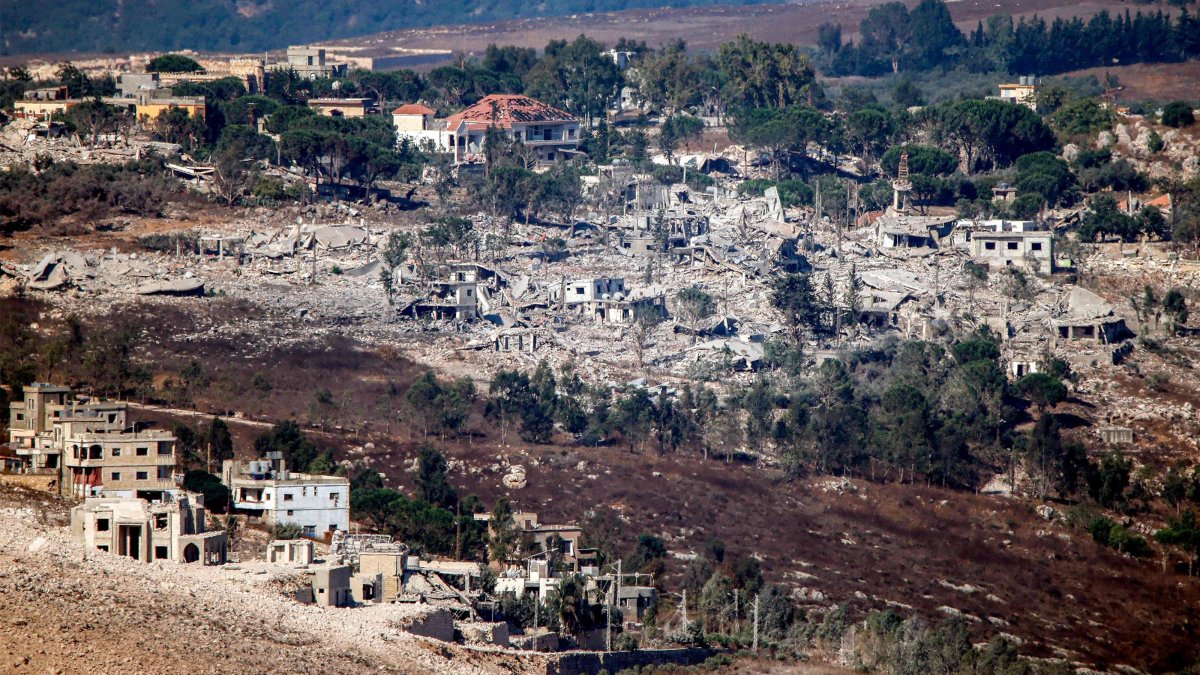 Destruction carried out by the invading Israeli military is pictured in the village of Arnoun, as seen from nearby Marjayoun (Marjeyoun) in southern Lebanon, Aug. 11, 2026. (AFP Photo)