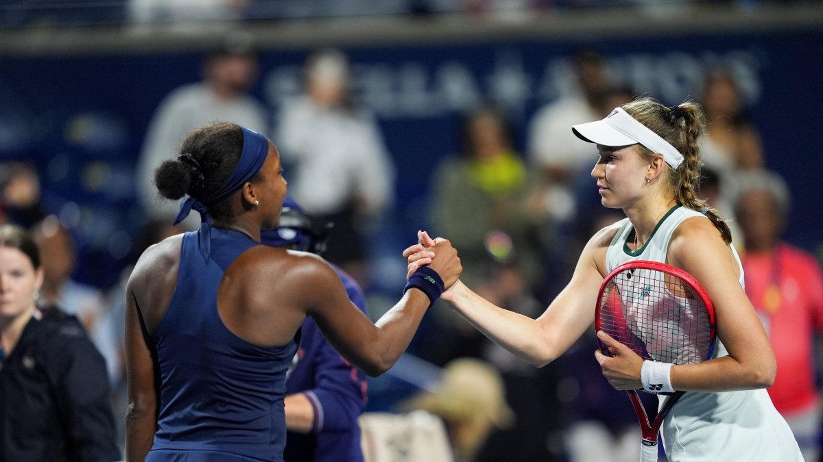 United States' Coco Gauff (L) congratulates Kazakhstan's Elena Rybakina after their match during the semifinals on day eleven of the National Bank Open Presented by Rogers at Sobeys Stadium, Toronto, U.S., Aug. 12, 2026. (AA Photo)