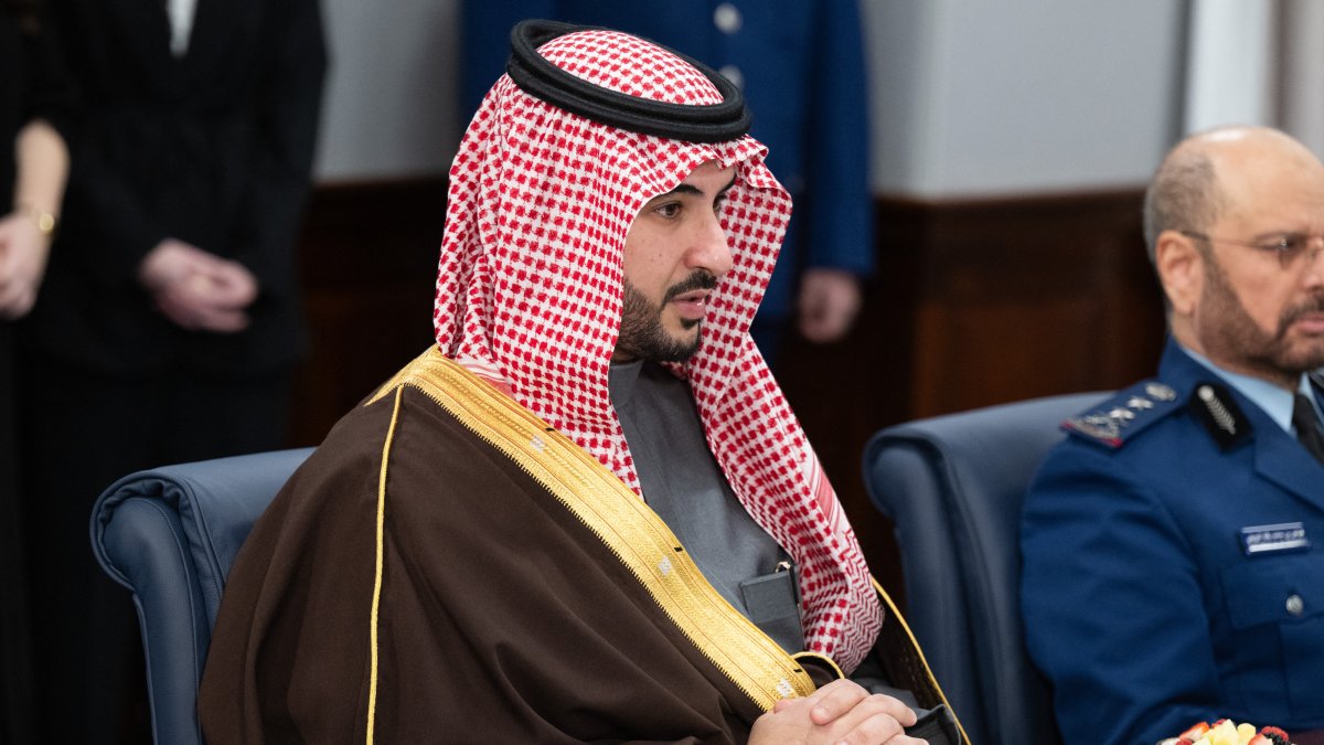 Saudi Defense Minister Prince Khalid bin Salman meets with US Secretary of Defense Pete Hegseth at the Pentagon in Washington, D.C.,  Feb. 24, 2025. (AFP File Photo)
