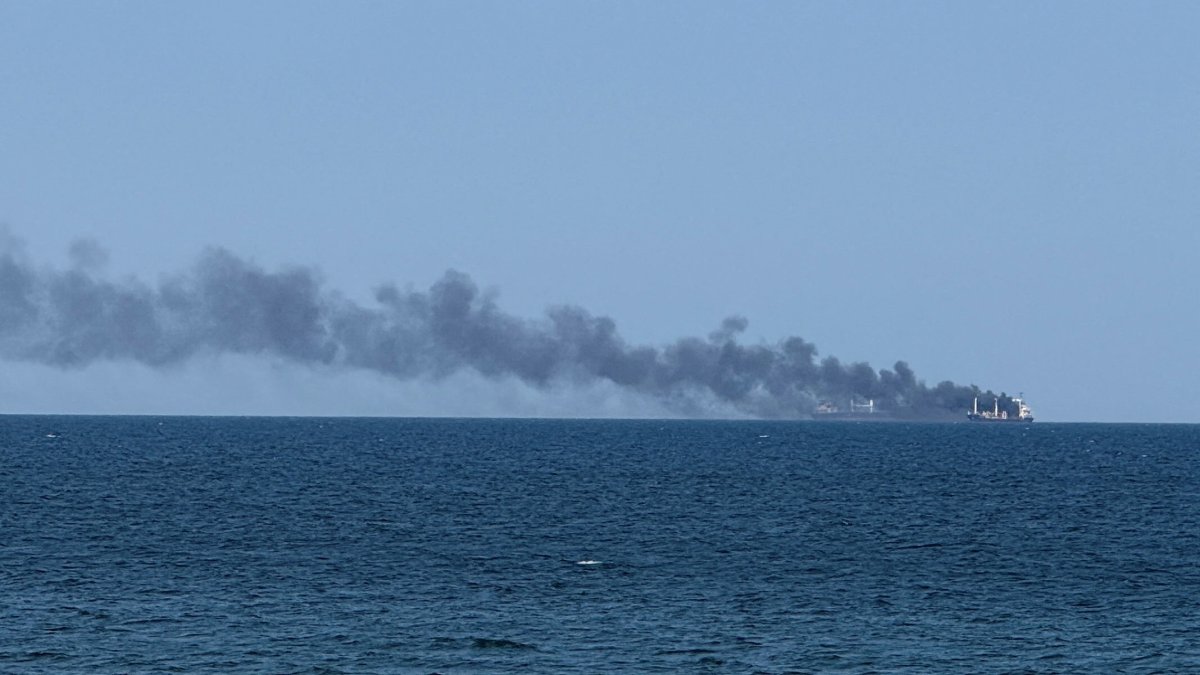 Smoke rises from a civilian vessel on fire amid Russia's attack on Ukraine in Odesa, Ukraine, July 19, 2026. (Reuters Photo)