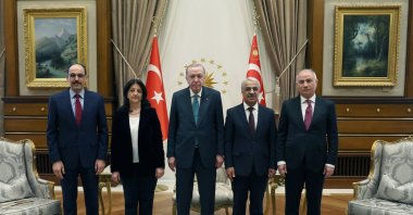 President Recep Tayyip Erdoğan, accompanied by intelligence chief Ibrahim Kalın (1st L) and AK Party acting Chair Efkan Ala (1st R), hosts lawmakers Pervin Buldan (2nd L) and Mithat Sancar (2nd R), Ankara, Türkiye, Feb. 11, 2026. (AA Photo)