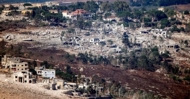 Destruction carried out by the invading Israeli military is pictured in the village of Arnoun, as seen from nearby Marjayoun (Marjeyoun) in southern Lebanon, Aug. 11, 2026. (AFP Photo)