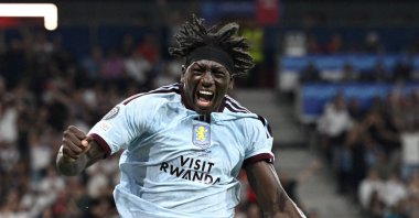 Aston Villa's Brian Madjo celebrates his goal during the UEFA Super Cup match against Paris Saint-Germain at Stadion Salzburg, Salzburg, Austria, Aug. 12, 2026. (Reuters Photo)