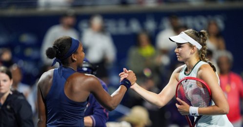 United States' Coco Gauff (L) congratulates Kazakhstan's Elena Rybakina after their match during the semifinals on day eleven of the National Bank Open Presented by Rogers at Sobeys Stadium, Toronto, U.S., Aug. 12, 2026. (AA Photo)