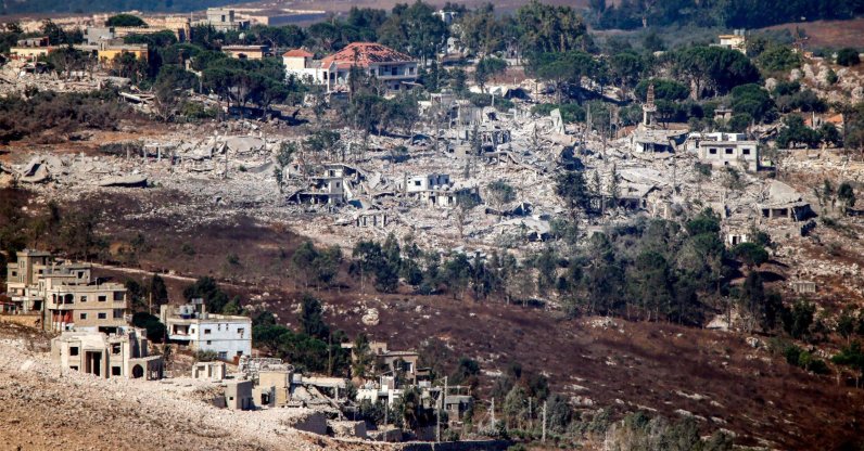 Destruction carried out by the invading Israeli military is pictured in the village of Arnoun, as seen from nearby Marjayoun (Marjeyoun) in southern Lebanon, Aug. 11, 2026. (AFP Photo)