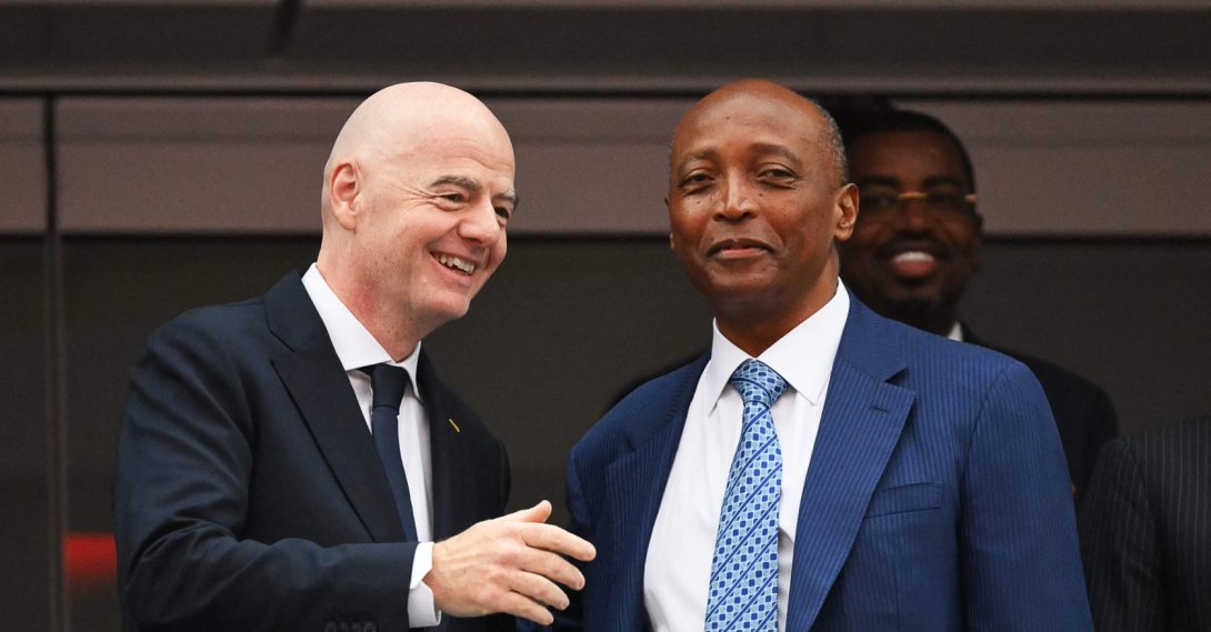 FIFA President Gianni Infantino (L) and Confederation of African Football (CAF) President Patrice Motsepe (R) talk ahead of the 2026 World Cup round of 32 football match between South Africa and Canada at the Los Angeles Stadium, Inglewood, U.S., June 28, 2026. (AFP Photo)