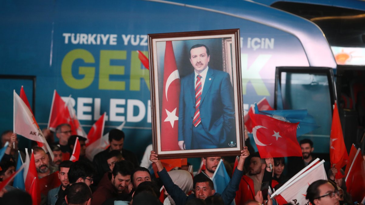 Supporters listen as President Recep Tayyip Erdoğan speaks at AK Party headquarters on local government elections, Ankara, Türkiye, April 1, 2024. (Getty Images Photo)