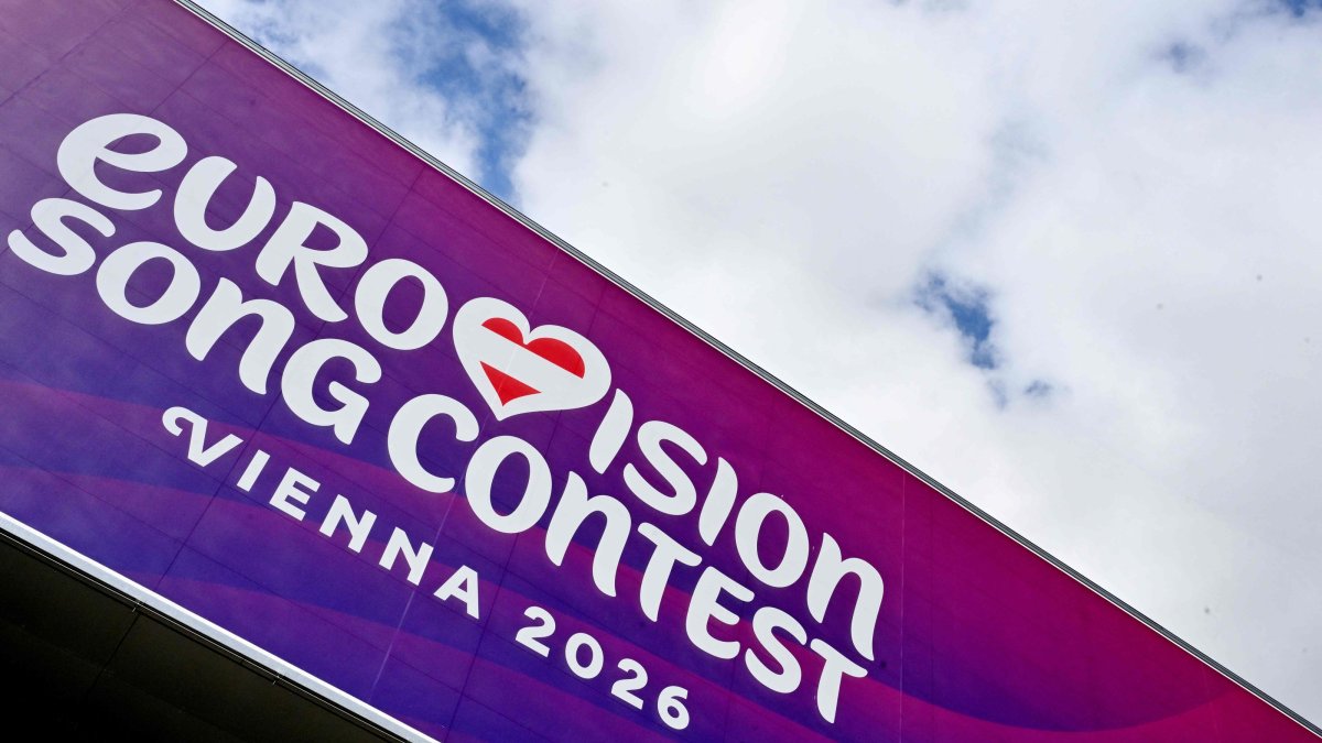 The logo of the Eurovision Song Contest (ESC) is seen on the facade of the Stadthalle in Vienna, April 1, 2026. (AFP File Photo)