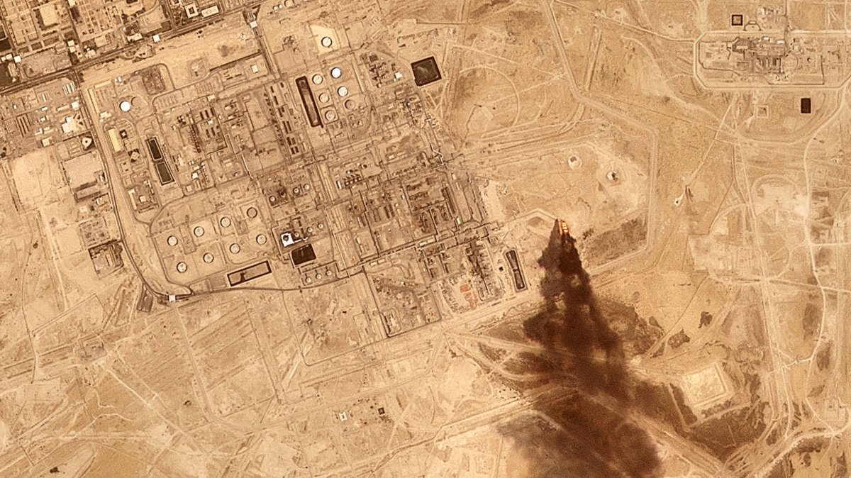 This satellite image provided by Planet Labs PBC on July 27, 2026 shows smoke rising from the Saudi Aramco oil processing facility in Abqaiq, Saudi Arabia, 2026. (Planet Labs PBC via AP)