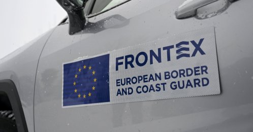 The Frontex logo is seen on a car near the closed Vaalimaa border station between Finland and Russia, Dec. 7, 2023. (AFP File Photo)