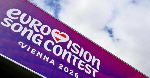 The logo of the Eurovision Song Contest (ESC) is seen on the facade of the Stadthalle in Vienna, April 1, 2026. (AFP File Photo)