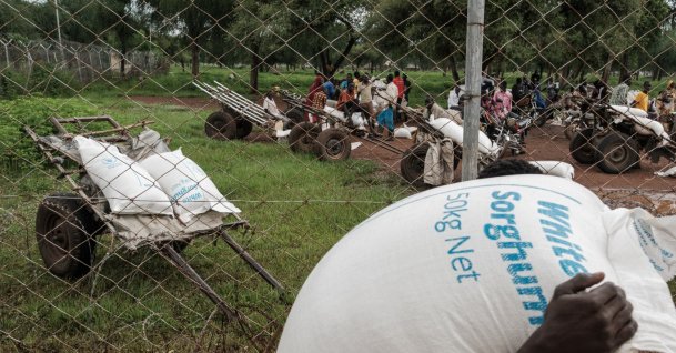 Volunteer porters load bags of sorghum onto carts during an aid distribution exercise in exchange for food, as most no longer qualify for aid themselves, in Maban, Aug. 20, 2025. (AFP File Photo)