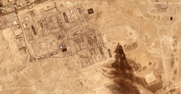 This satellite image provided by Planet Labs PBC on July 27, 2026 shows smoke rising from the Saudi Aramco oil processing facility in Abqaiq, Saudi Arabia, 2026. (Planet Labs PBC via AP)