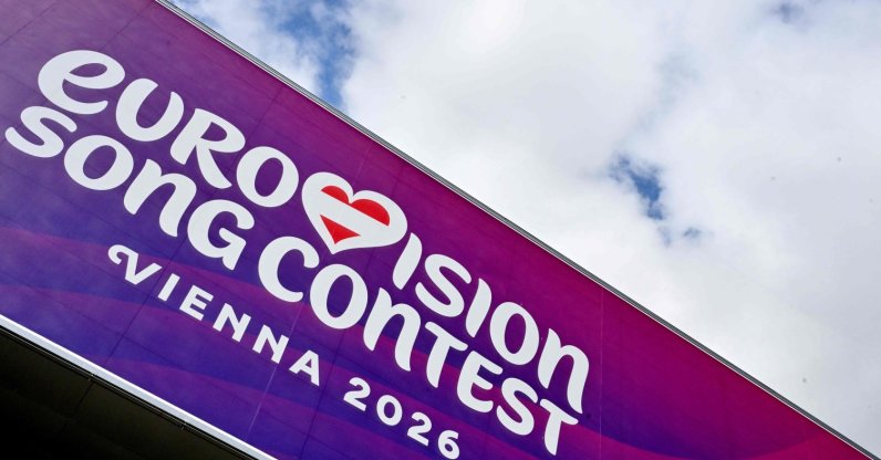 The logo of the Eurovision Song Contest (ESC) is seen on the facade of the Stadthalle in Vienna, April 1, 2026. (AFP File Photo)