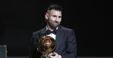 Inter Miami's and Argentina's national team player Lionel Messi receives the 2023 Ballon d'Or trophy during the 67th Ballon d'Or (Golden Ball) award ceremony at Theatre du Chatelet, Paris, France, Oct. 30, 2023. (AP Photo)