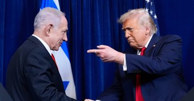 President Donald Trump shakes hands with Israel's Prime Minister Benjamin Netanyahu during a news conference at Mar-a-Lago, Monday, Palm Beach, U.S., Dec. 29, 2025. (AP Photo)