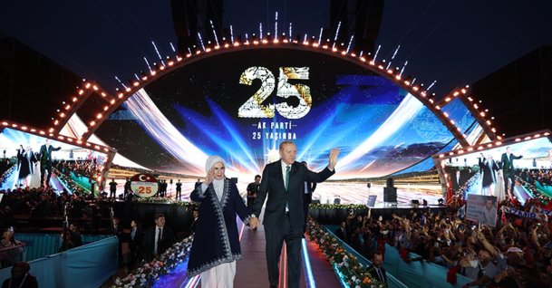 President Recep Tayyip Erdoğan (R) and First Lady Emine Erdoğan wave to supporters during the AK Party’s 25th anniversary, Ankara, Türkiye, Aug. 14, 2026. (IHA Photo)