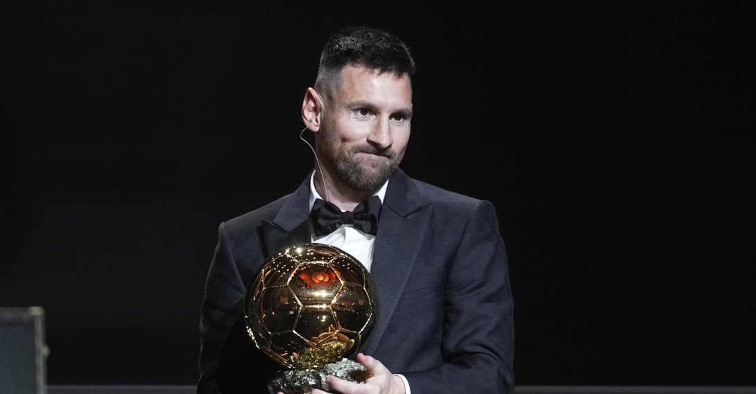 Inter Miami's and Argentina's national team player Lionel Messi receives the 2023 Ballon d'Or trophy during the 67th Ballon d'Or (Golden Ball) award ceremony at Theatre du Chatelet, Paris, France, Oct. 30, 2023. (AP Photo)