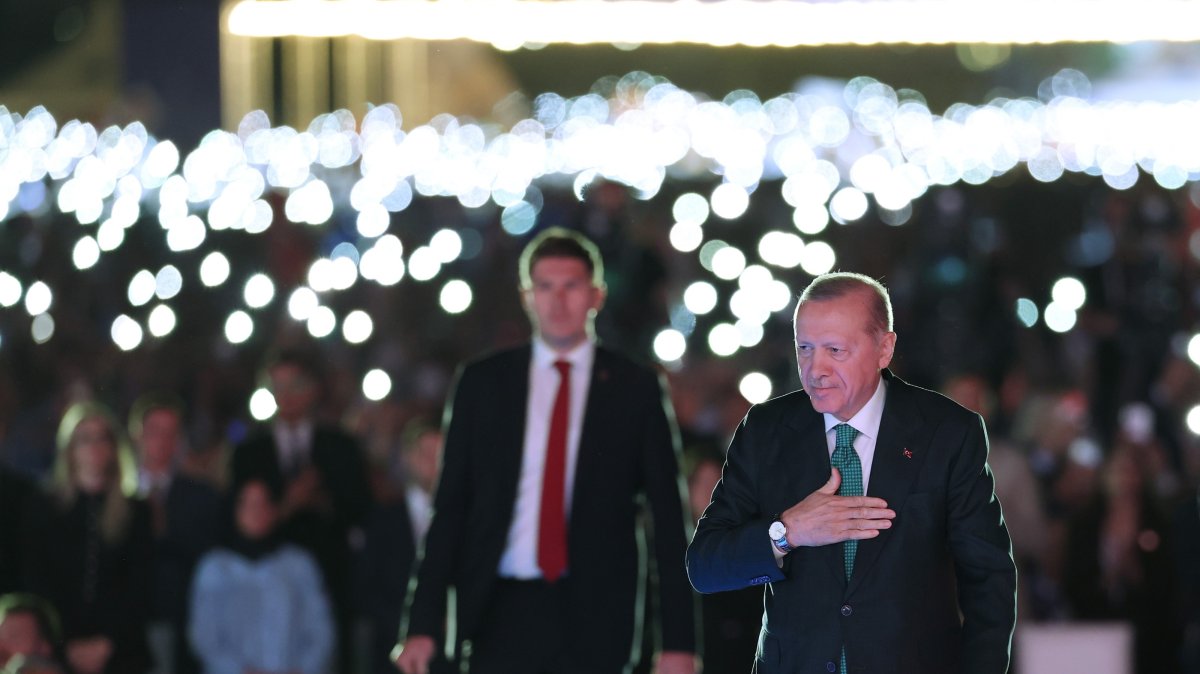 President Recep Tayyip Erdoğan greets the audience at an AK Party event, Ankara, Türkiye, Aug. 14, 2026. (İHA Photo)