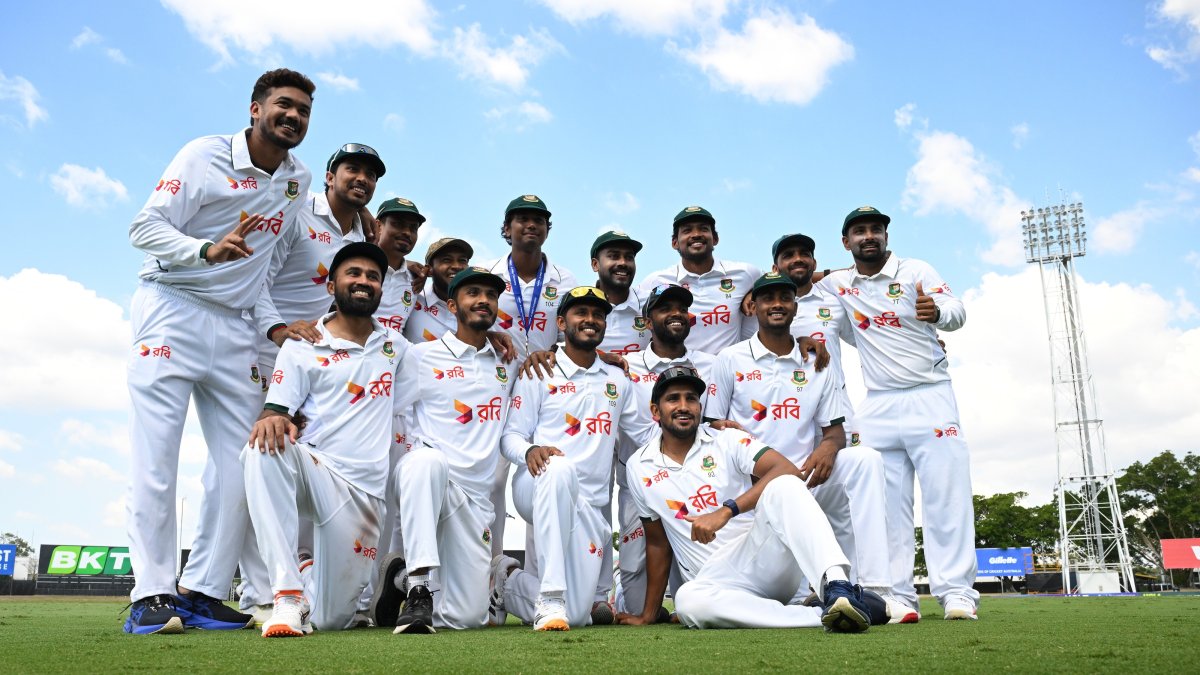 Bangladesh players celebrate after defeating Australia on Day 4 of the First Men's cricket Test in Darwin, Australia, Aug. 16, 2026. (EPA Photo)