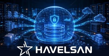 An illustration showcasing data security, cloud technology and the Havelsan logo, Aug. 16, 2026. (AA Photo)