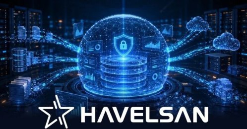 An illustration showcasing data security, cloud technology and the Havelsan logo, Aug. 16, 2026. (AA Photo)