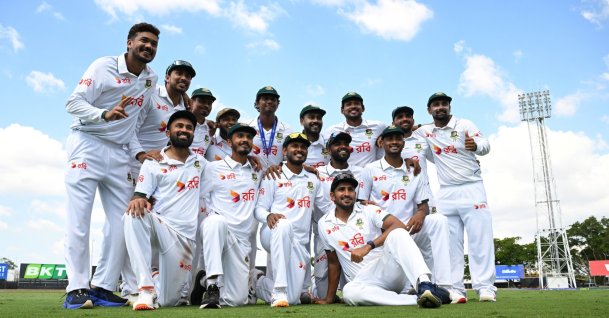 Bangladesh players celebrate after defeating Australia on Day 4 of the First Men's cricket Test in Darwin, Australia, Aug. 16, 2026. (EPA Photo)