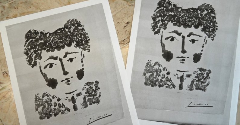 Printouts of a photo of the Pablo Picasso etching, "Torero" are displayed on a table in DeLind Fine Art Appraisals in Milwaukee, U.S., Aug. 14, 2026. (AP Photo)