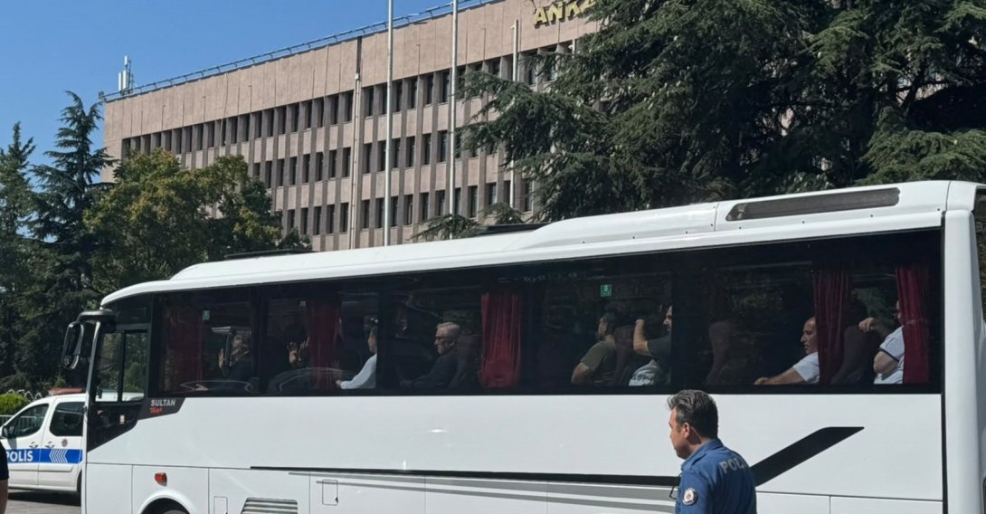 Suspects wait in a bus outside a courthouse, Ankara, Türkiye, Aug. 16, 2026. (AA Photo)