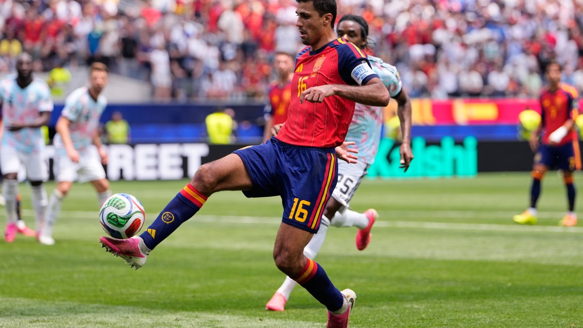 Spain's Rodri controls the ball during their World Cup match against Belgium in Inglewood, California, Los Angeles, U.S., July 10, 2026. (AP Photo)