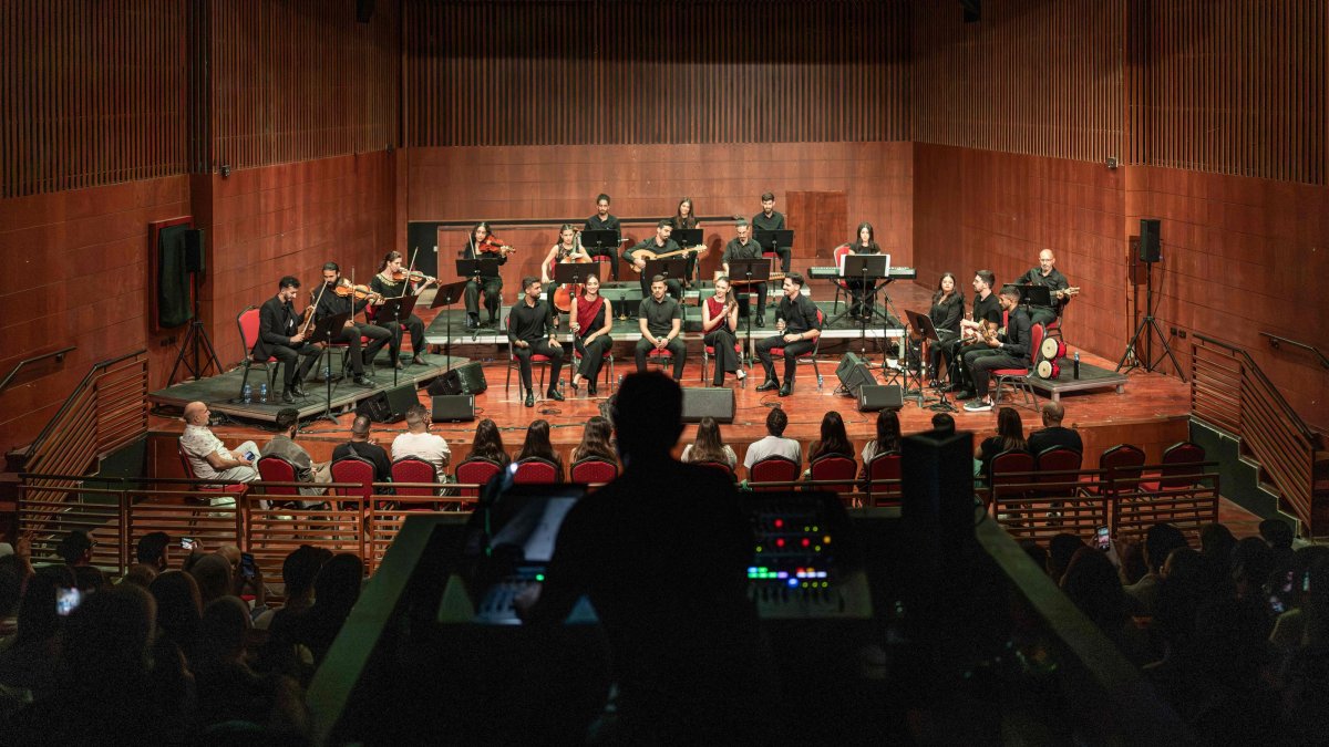 Palestinian musicians perform on stage during the Jerusalem Festival, held at the Yabous Cultural Centre after a two-year hiatus, in East Jerusalem, Aug.16, 2026. (AFP Photo)