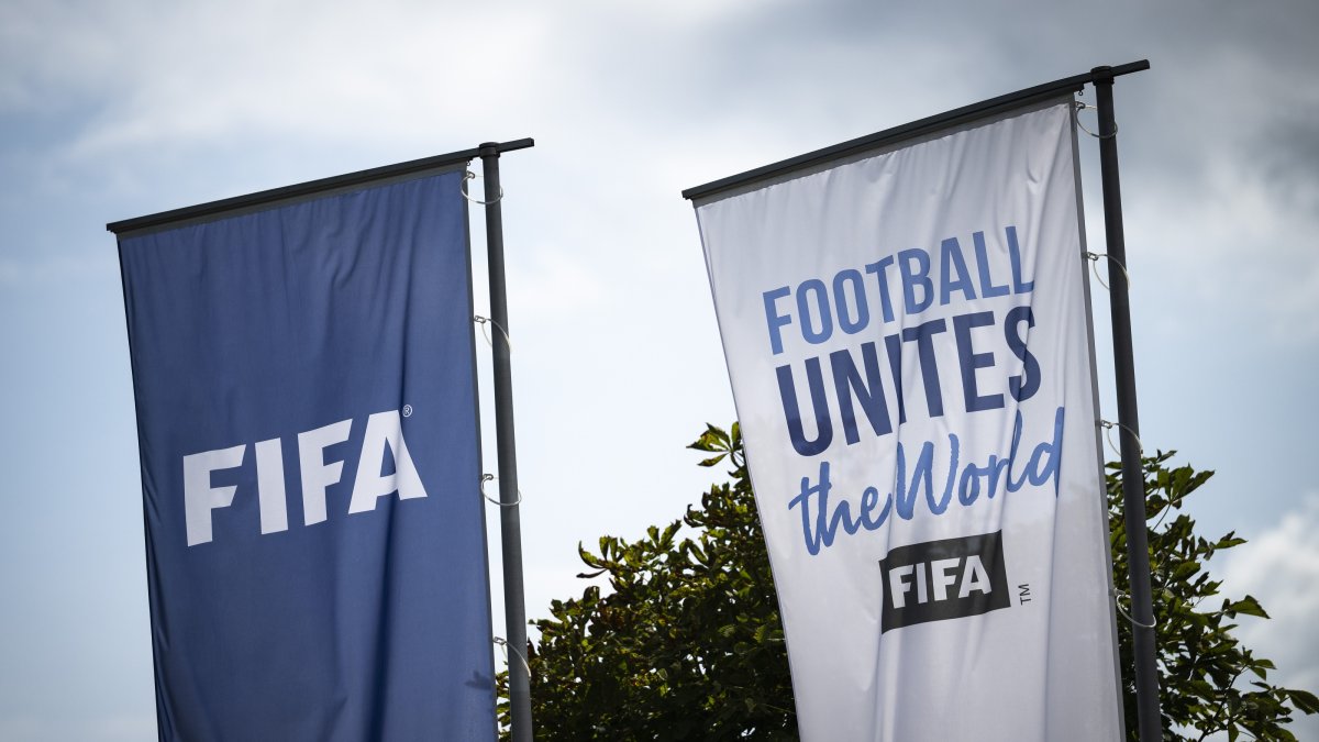 The FIFA logo on a flag at the Home of FIFA in Zurich, Switzerland, Aug. 6, 2026. (EPA Photo)