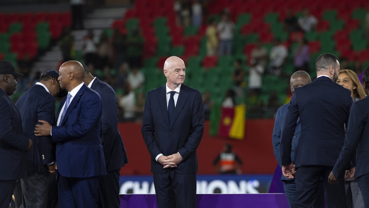 FIFA President Gianni Infantino attends the trophy presentation ceremony following the Women's Africa Cup of Nations (WAFCON) final match between Cameroon and Malawi, Rabat, Morocco, Aug. 16, 2026. (EPA Photo)