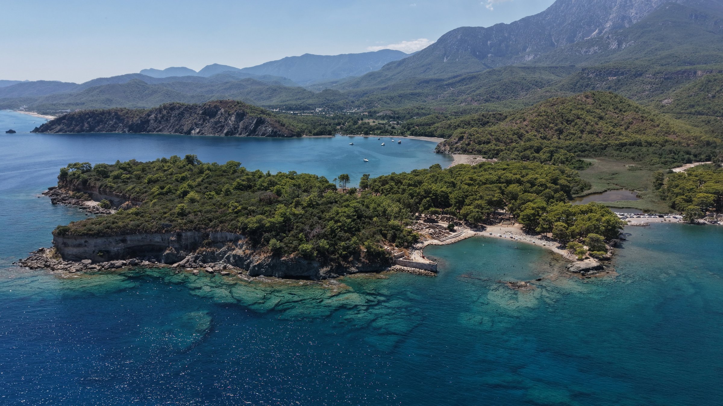 An aerial view of the ancient city of Phaselis, Antalya, southern Türkiye. (DHA Photo)
