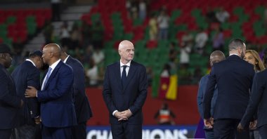 FIFA President Gianni Infantino attends the trophy presentation ceremony following the Women's Africa Cup of Nations (WAFCON) final match between Cameroon and Malawi, Rabat, Morocco, Aug. 16, 2026. (EPA Photo)