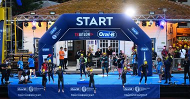 Athletes at the starting line of the 6th Istanbul Bosphorus Triathlon, Istanbul, Türkiye, Aug. 16, 2026. (AA Photo)