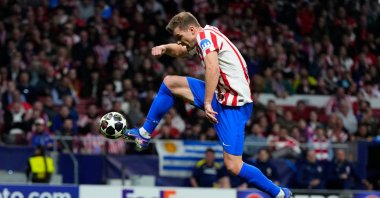 Atletico Madrid's Alexander Sörloth scores his side's fourth goal during the Champions League playoff second-leg match between Atletico Madrid and Club Brugge, Madrid, Spain, Feb. 24, 2026. (AP Photo)