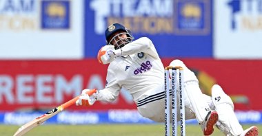 India's Rishabh Pant plays a shot during the fourth day of the first Test cricket match between Sri Lanka and India at the Galle International Stadium, Galle, Sri Lanka, Aug. 18, 2026. (AFP Photo)