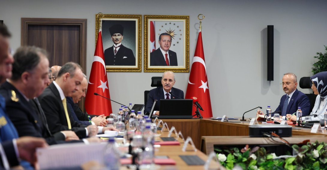 Parliament Speaker Numan Kurtulmuş (C) and Interior Minister Mustafa Çiftçi attend a security meeting with the governors of Türkiye's 81 provinces on "Strengthening National Solidarity and Social Integration," Ankara, Türkiye, Aug. 12, 2026. (AA Photo)