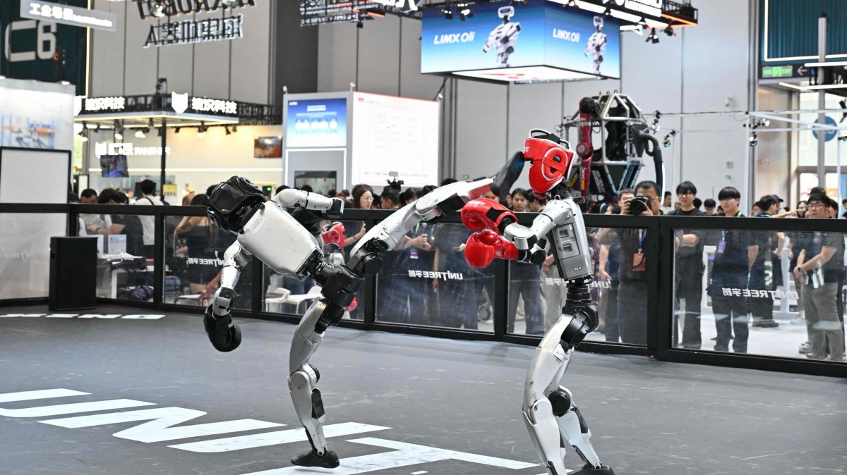Two Unitree robots in a fight demonstration during the 2026 World Robot Conference, Beijing, China, Aug. 19, 2026. (AFP Photo)