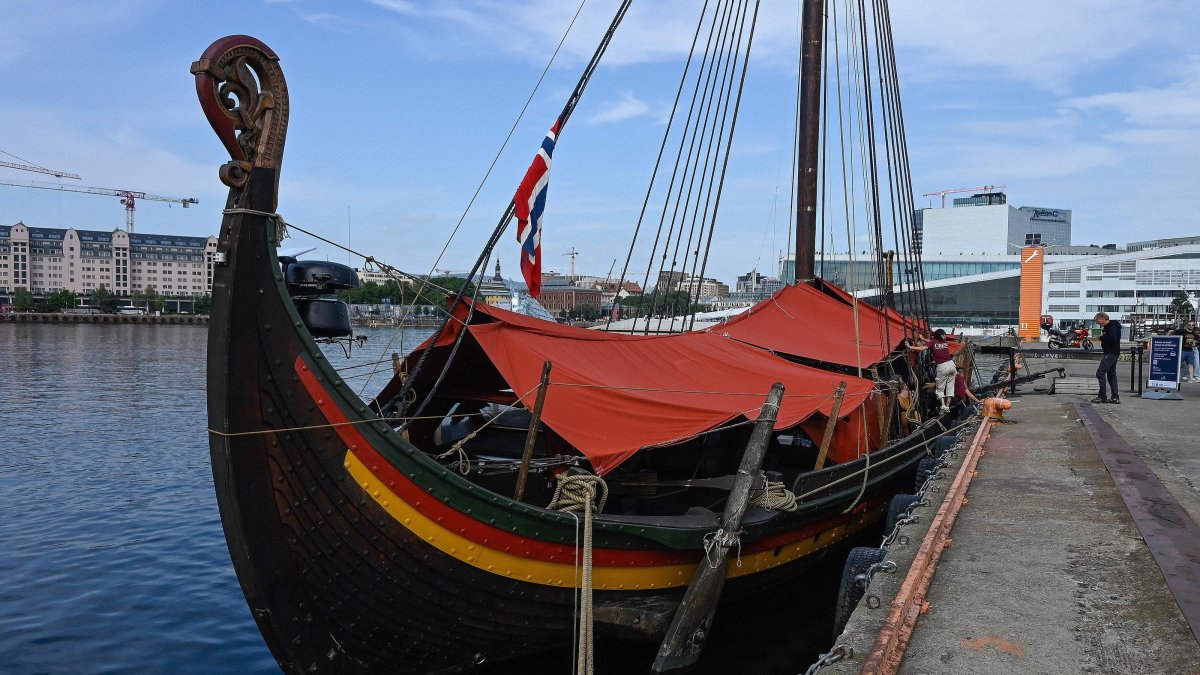 The Draken Harald Harfagre (the ship used in the movie the Odyssey) is docked outside Oslo Opera, Oslo, Norway, Aug. 14, 2026. (AFP Photo)