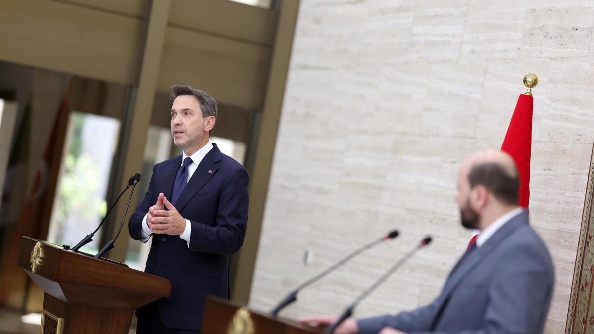 Energy and Natural Resources Minister ⁠Alparslan Bayraktar speaks alongside Syrian Energy Minister Mohamed al-Bashir, Damascus, Syria, Aug. 19, 2026. (AA Photo)