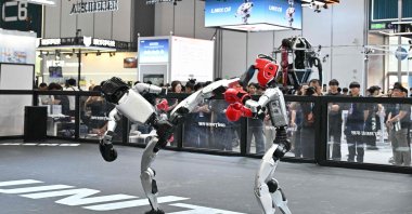 Two Unitree robots in a fight demonstration during the 2026 World Robot Conference, Beijing, China, Aug. 19, 2026. (AFP Photo)