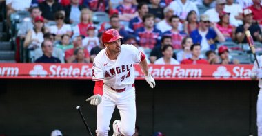 Los Angeles Angels first baseman Trey Mancini in action during the match against the Tampa Bay Rays, California, U.S., June 12, 2026. (AP Photo)