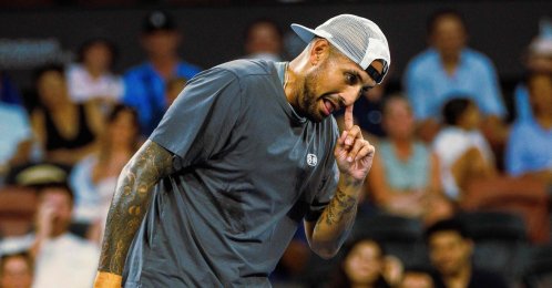Nick Kyrgios gestures as he and Thanasi Kokkinakis of Australia play in their men's doubles match against Matthew Ebden of Australia and Rajeev Ram of the US at the Brisbane International tennis tournament, Brisbane, Australia, Jan. 4, 2026. (AFP Photo)
