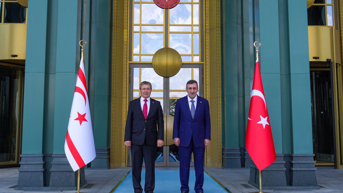 Vice President Cevdet Yılmaz (R) meets with the Turkish Republic of Northern Cyprus (TRNC) Prime Minister Ünal Üstel at the Presidential Complex, Ankara, Türkiye, Aug. 19, 2026. (AA Photo)